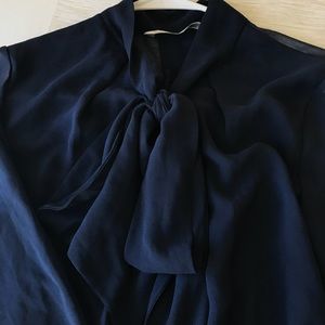 Zara semi sheer navy blue classic front tie top